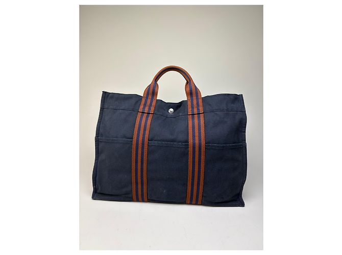 Tote in cotone vintage Hermès Navy Rust Silver Blu navy - vista 8