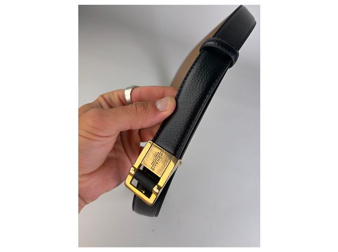 Vintage Givenchy Ledergürtel Schwarz Beige Goldene Schnalle - Ansicht 2