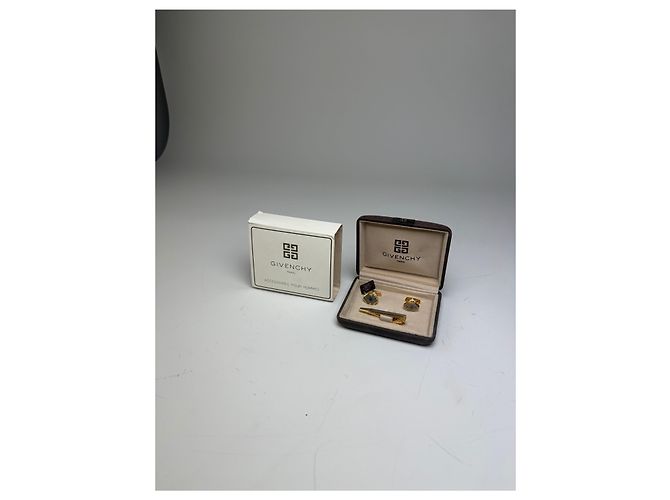 Vintage Givenchy Logo Cufflinks and Tie Clip Set Gold Silver Golden - view 12