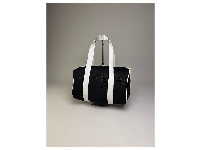 Tote Vintage Courreges in mesh con bordi in pelle Nero Bianco - vista 12