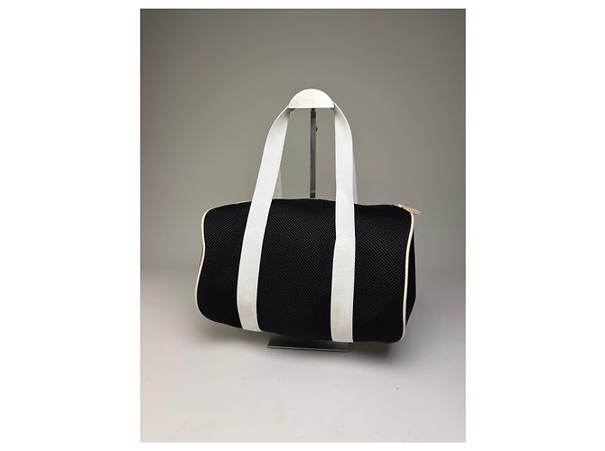 Tote Vintage Courreges in mesh con bordi in pelle Nero Bianco - vista 2