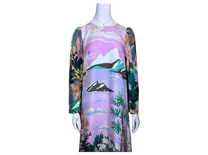 Autre Marque Vestido midi de seda estampado Munthe Castaño Rosa Blanco Multicolor Verde Púrpura - vista 2