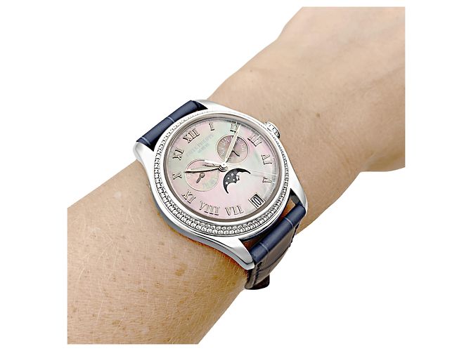 Reloj Patek Philippe, "Annual Calendar", blanco, nácar, diamantes. - vista 6