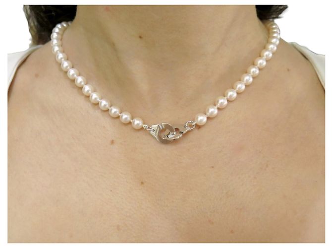 NUOVO COLLANA DINH VAN MANOLETTE R12 IN ORO BIANCO 18K E PERLE AKOYA Argento - vista 7