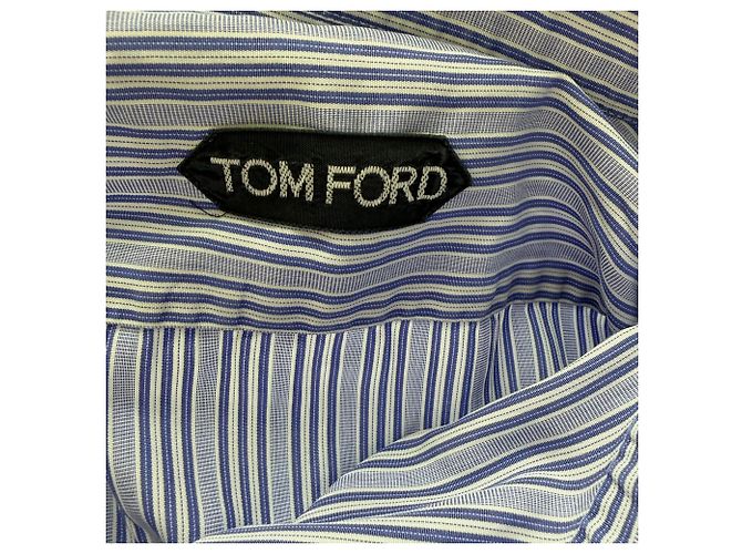 Tom Ford Gestreiftes Button-Down-Hemd aus blauer Baumwolle - Ansicht 10