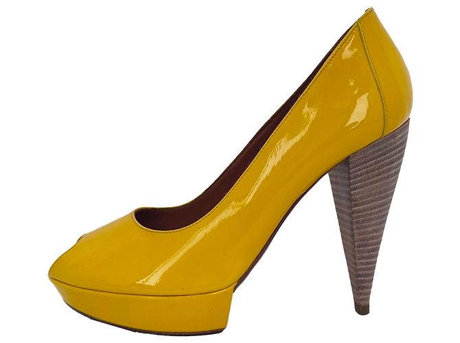 Décolleté con plateau e punta aperta Lanvin in vernice giallo - vista 7