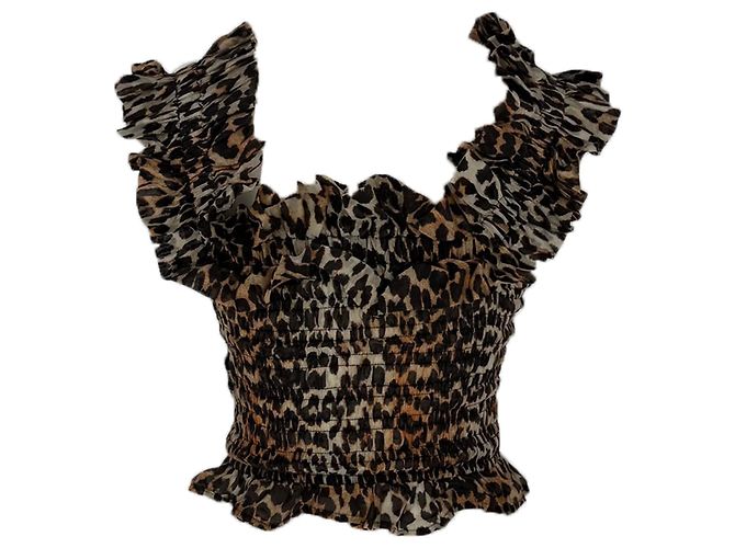 Top con hombros descubiertos con estampado de leopardo Ganni en lyocell marrón Castaño - vista 2