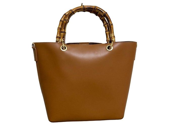 Autre Marque Bolsa Tote 2way de couro com alça de bambu BEVINI Marrom Camelo - vista 3