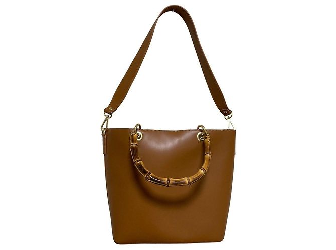 Autre Marque Bolsa Tote 2way de couro com alça de bambu BEVINI Marrom Camelo - vista 6