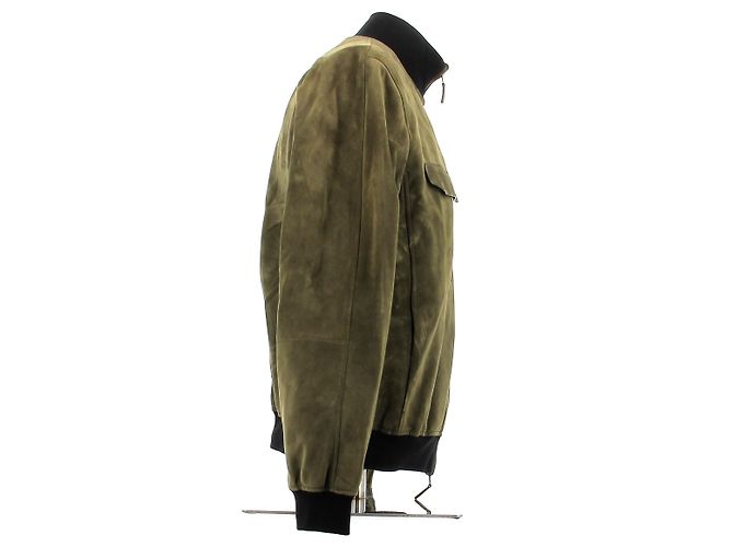 Berluti Veste réversible en daim kaki et cuir noir - vue 8