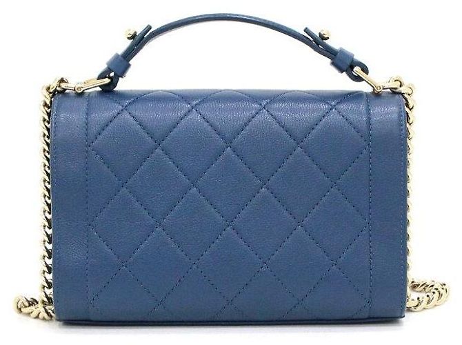 Chanel Pequena bolsa de alça Label Click em couro de bezerro azul-marinho com corrente dourada e transversal - vista 4