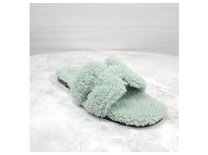 Hermès Sandalo Ciabatta Oran in Shearling Mint Verde - vista 5