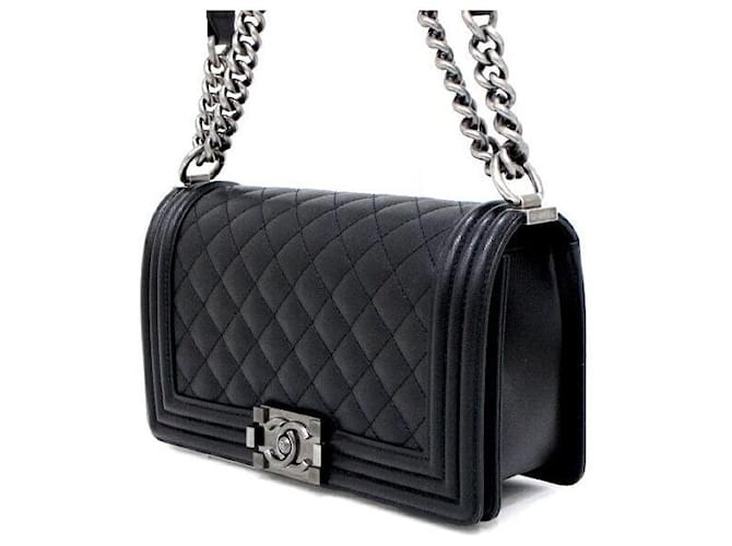 Chanel Borsa a Spalla Boy Caviar Medium Flap Silver Chain Nero - vista 3