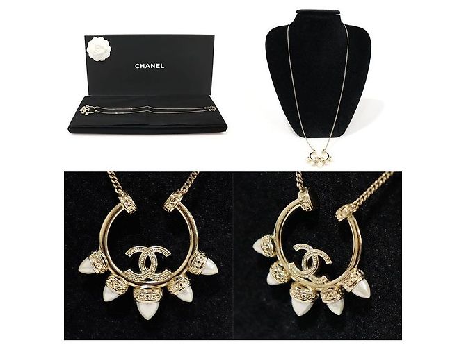 Chanel Lange Halskette aus goldfarbenem Metall mit CC-Logo und Perlen Golden - Ansicht 7