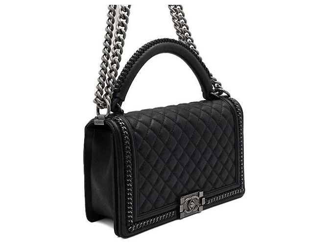 Chanel Vintage Kalbsleder Top Handle Boy Large Around Chain Tote Bag Schwarz - Ansicht 3