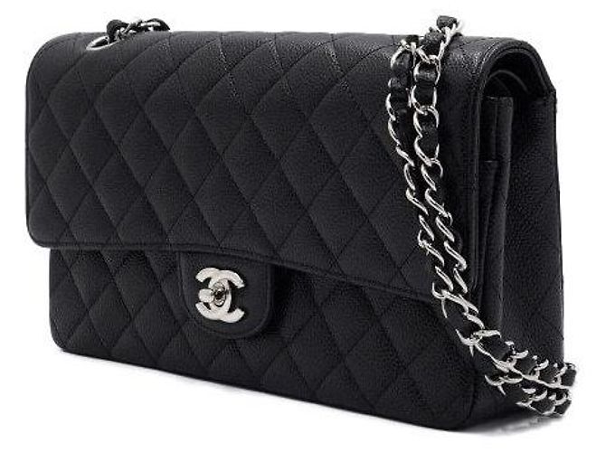 Chanel Classic Medium Size Flap Schultertasche mit silberner Kette Schwarz - Ansicht 3