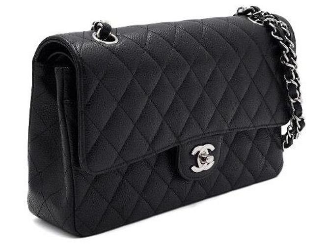 Chanel Classic Medium Size Flap Schultertasche mit silberner Kette Schwarz - Ansicht 4
