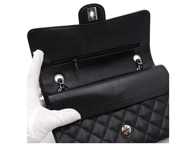 Chanel Classic Medium Size Flap Schultertasche mit silberner Kette Schwarz - Ansicht 7