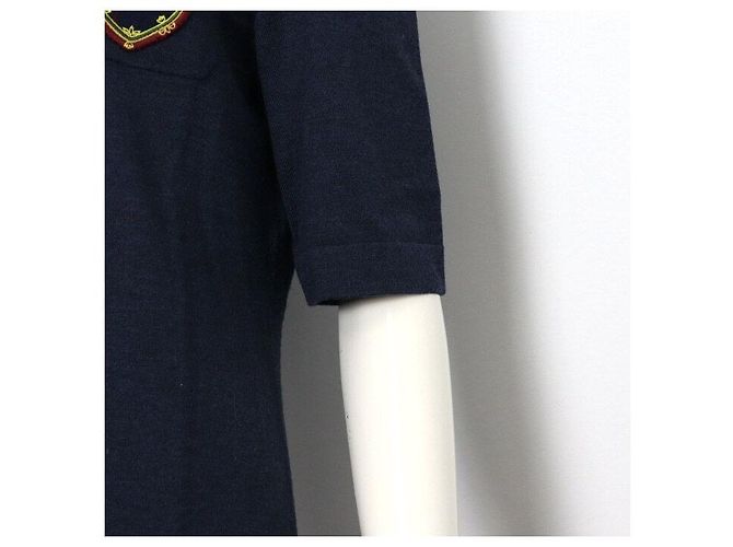 Chanel Abito in lana blu navy a girocollo e maniche corte con patch logo - vista 3