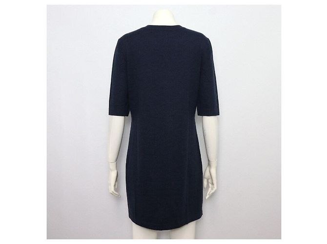Chanel Abito in lana blu navy a girocollo e maniche corte con patch logo - vista 4
