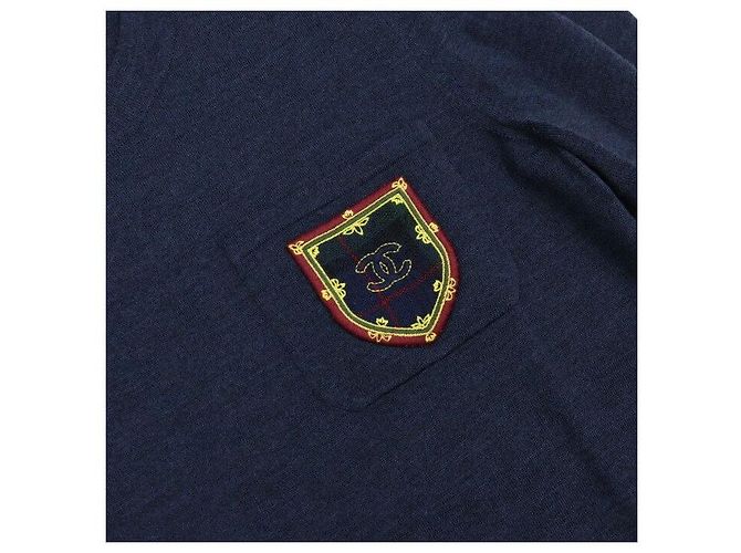 Chanel Abito in lana blu navy a girocollo e maniche corte con patch logo - vista 6