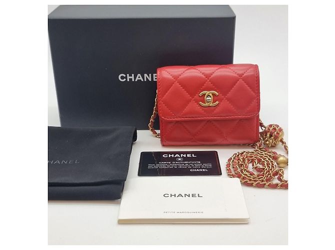 Chanel Tarjetero con cadena de bolas doradas Roja - vista 12