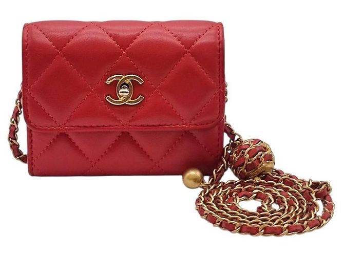 Chanel Tarjetero con cadena de bolas doradas Roja - vista 5
