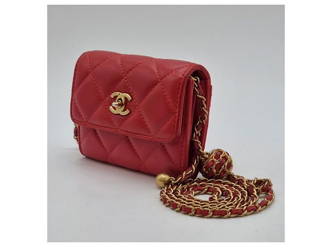 Chanel Tarjetero con cadena de bolas doradas Roja - vista 6
