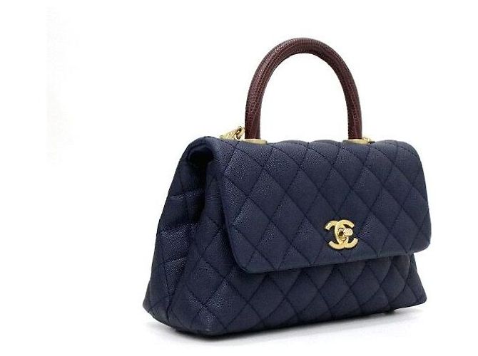 Chanel Pequena bolsa de aba Navy Caviar Coco Handle em lagarto com alça de mão e alça de ombro com corrente dourada Azul - vista 4