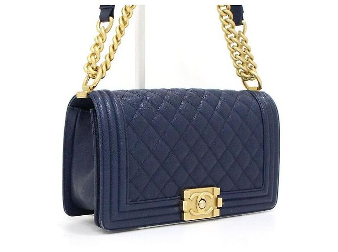 Chanel Borsa a tracolla Navy Boy Caviar Medium Flap Gold Chain Blu - vista 4
