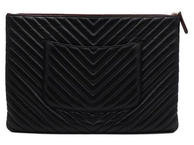 Chanel Bolso de mano grande Chevron CC en piel de cordero negra y dorada Negro - vista 5
