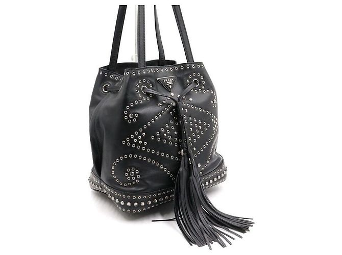 Prada Borsa a tracolla a secchiello in pelle nera con cristalli e coulisse Nero - vista 3