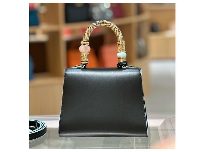 Borsa Delvaux Tempete Mini in pelle nera con bordi azzurro chiaro Nero Blu chiaro - vista 2