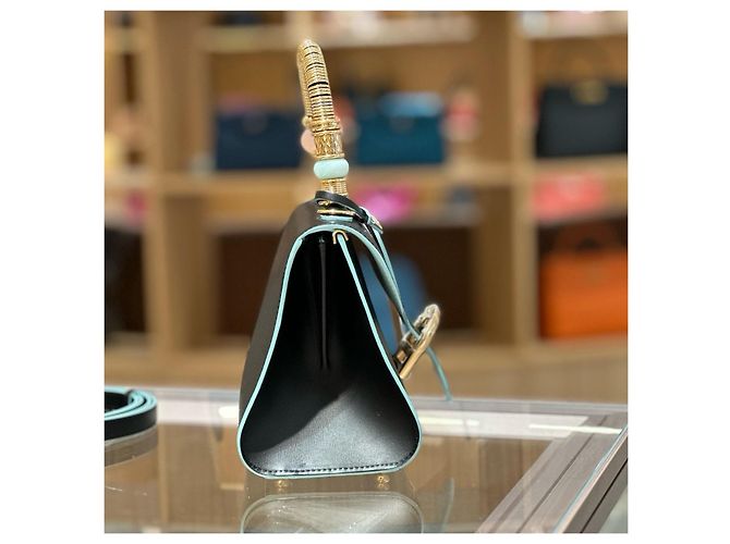 Borsa Delvaux Tempete Mini in pelle nera con bordi azzurro chiaro Nero Blu chiaro - vista 3