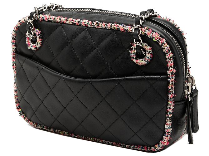 Chanel Black CC Camera Bag aus Tweed und gestepptem Lammfell mit eleganter Borte und Frontreißverschluss Schwarz - Ansicht 2
