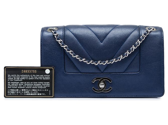 Chanel Blue Medium Chevron Metallic Sheepskin Vintage Mademoiselle Flap - vista 7