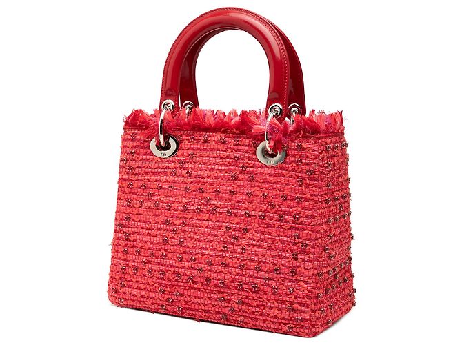 Lady Dior in tweed rosso misura Medium con frange e strass - vista 2