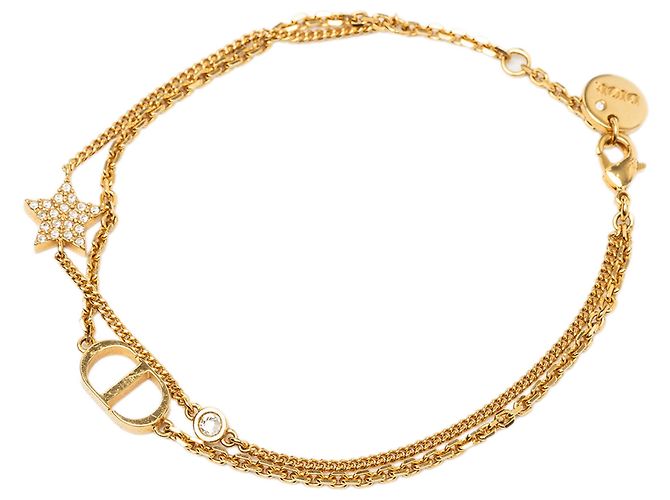 Bracciale a doppia catena Dior Gold placcato oro e strass con charm a cuore Petit CD Logo D'oro - vista 3