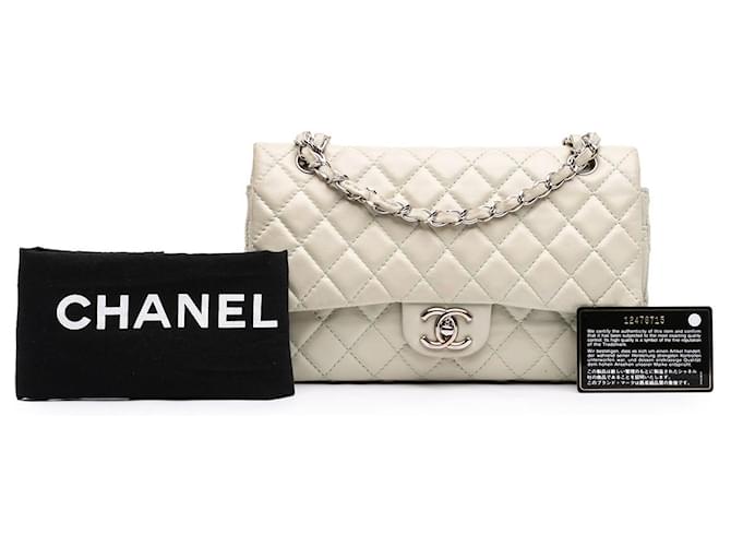 Chanel White Medium Classic Lambskin Double Flap Bianco Bianco sporco - vista 7