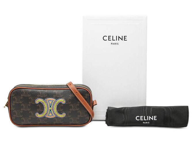 Céline Bolsa Camera Celine Mini Triomphe em Couro e Canvas Revestido Marrom Castanho escuro - vista 7