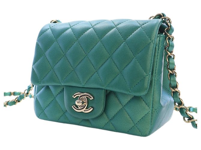 Chanel Green Mini Square Classic Iridescent Lambskin Single Flap Verde - vista 2