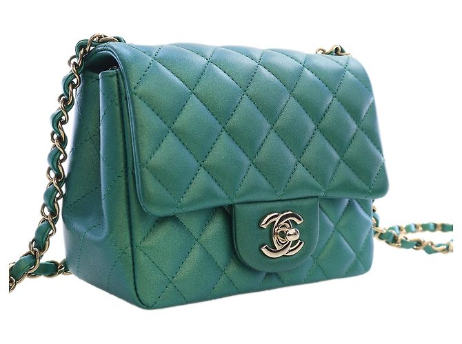 Chanel Green Mini Square Classic Iridescent Lambskin Single Flap Verde - vista 3