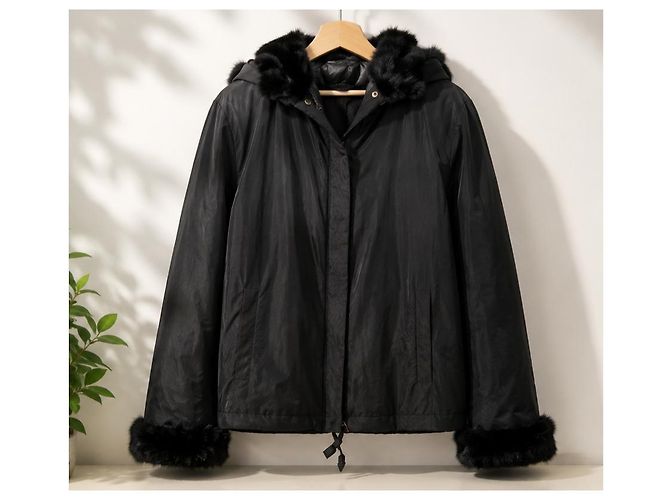Gerard Darel Chaqueta con Capucha de Piel de Conejo Negra Negro - vista 4