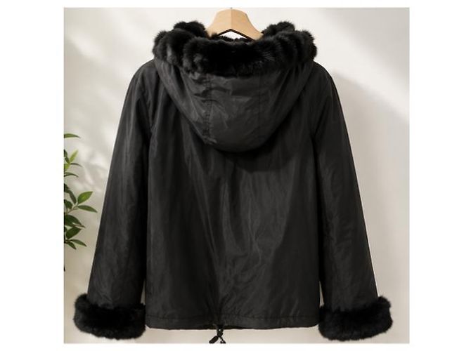 Gerard Darel Chaqueta con Capucha de Piel de Conejo Negra Negro - vista 5