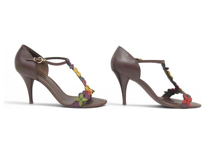 SANDALI LOUIS VUITTON AUBEPINE T-STRAP FLEURS MONOGRAM 38 Marrone - vista 3