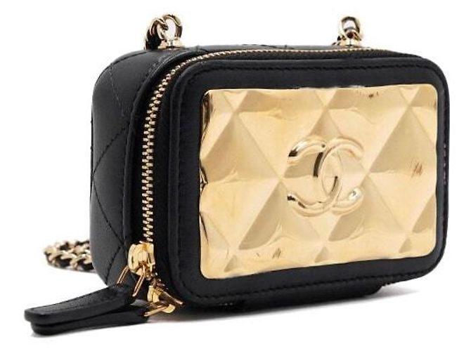 Chanel Mini borsa vanity a tracolla in pelle di agnello nera con catena dorata Nero - vista 4