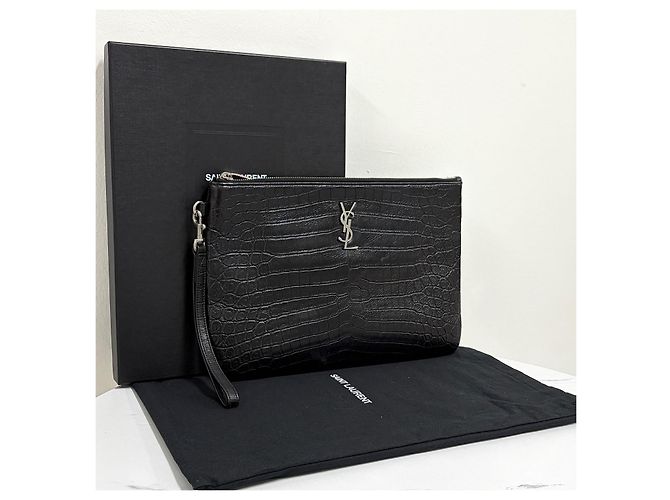 Saint Laurent Monogramm Clutch Bag Silber Krokodilmuster Schwarz - Ansicht 2