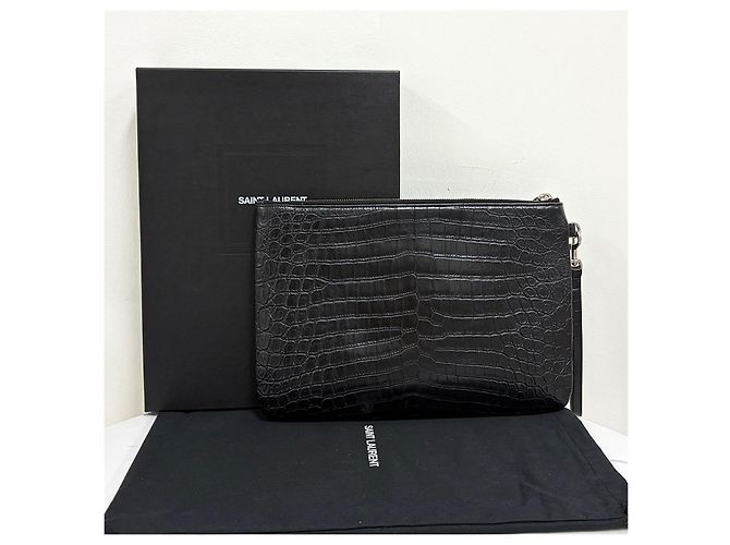 Saint Laurent Monogramm Clutch Bag Silber Krokodilmuster Schwarz - Ansicht 3