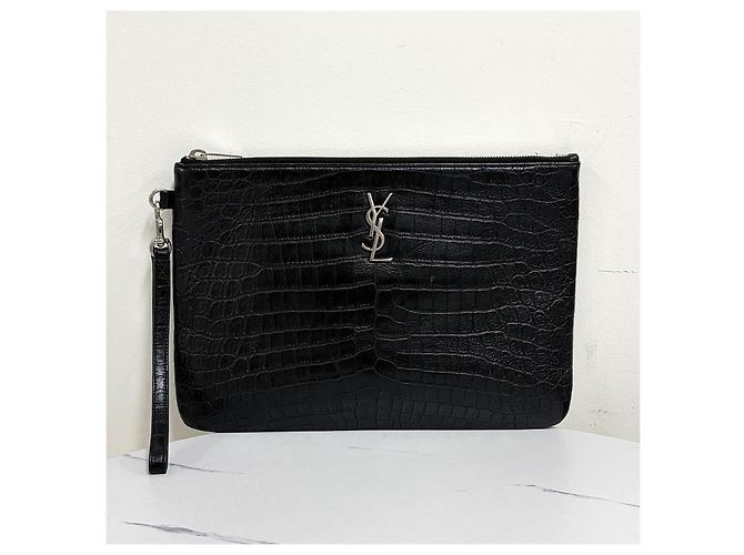 Saint Laurent Monogramm Clutch Bag Silber Krokodilmuster Schwarz - Ansicht 4
