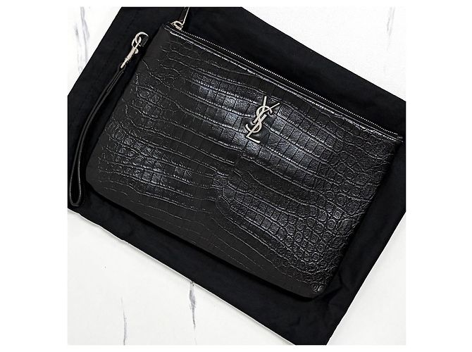 Saint Laurent Monogramm Clutch Bag Silber Krokodilmuster Schwarz - Ansicht 5
